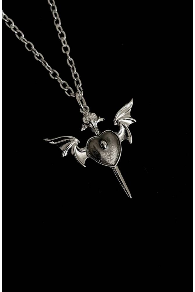 Gotik Punk Kanatlı Kuru Kafalı Kırmızı Kalp Kolye - 8