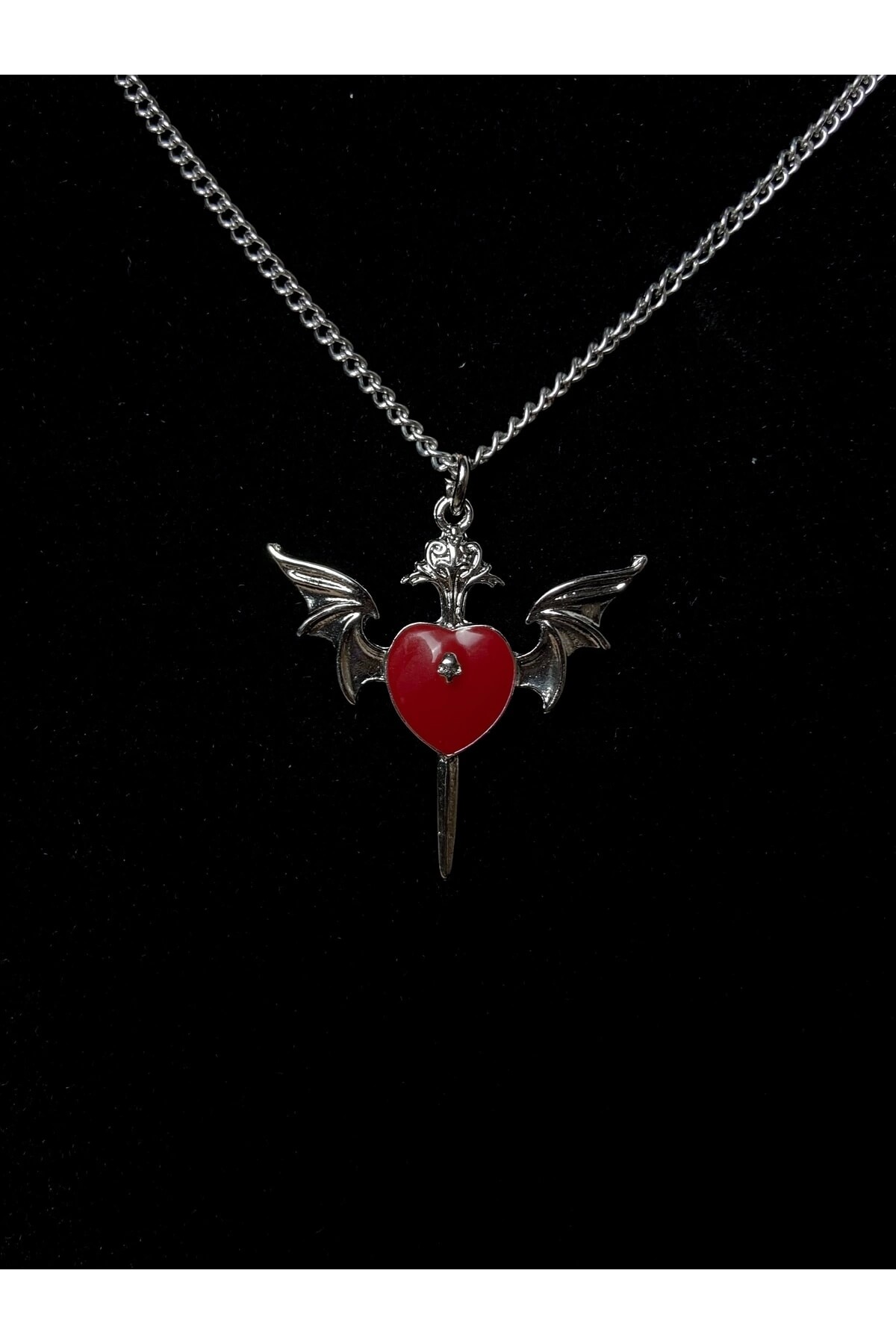 Gotik Punk Kanatlı Kuru Kafalı Kırmızı Kalp Kolye - 4