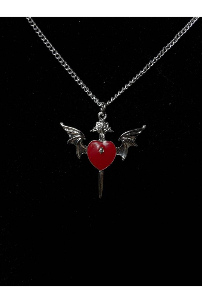 Gotik Punk Kanatlı Kuru Kafalı Kırmızı Kalp Kolye - 4
