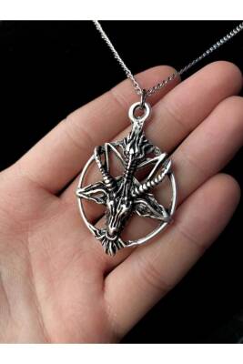 Gotik Punk Keçi Kafası Pentagram Halka Kolye - 7