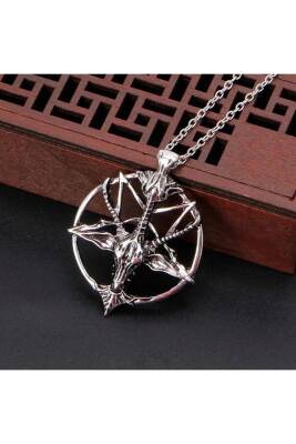 Gotik Punk Keçi Kafası Pentagram Halka Kolye - 1