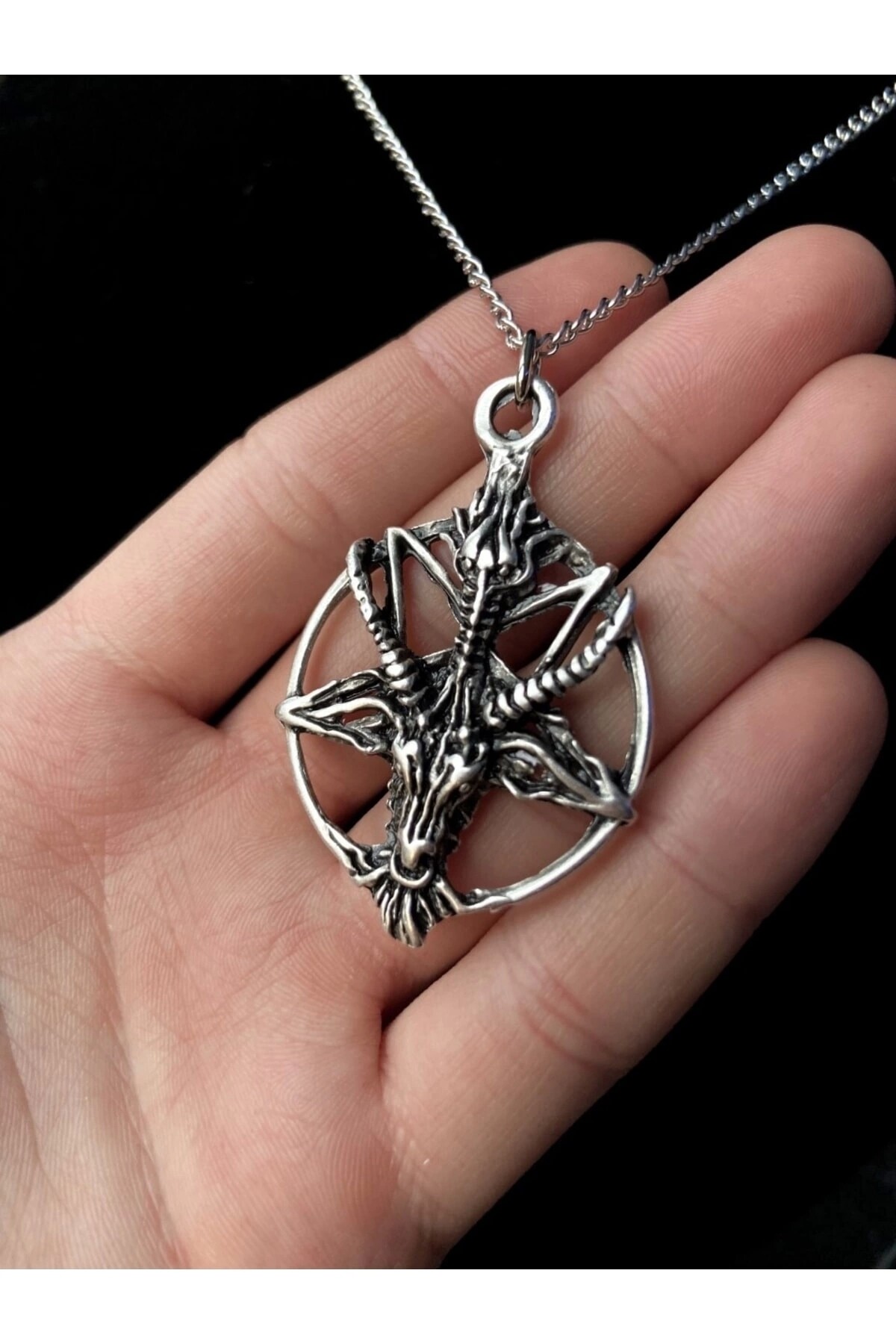 Gotik Punk Keçi Kafası Pentagram Halka Kolye - 3