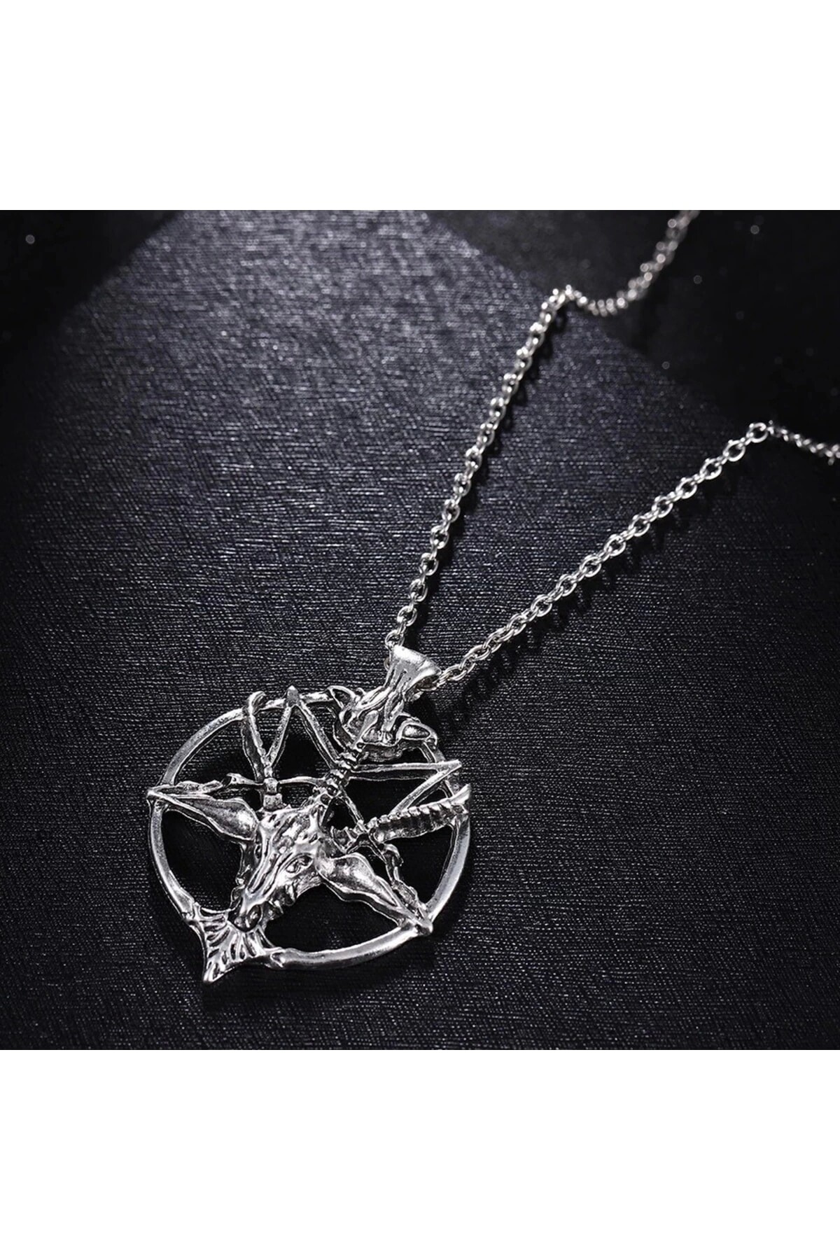 Gotik Punk Keçi Kafası Pentagram Halka Kolye - 4