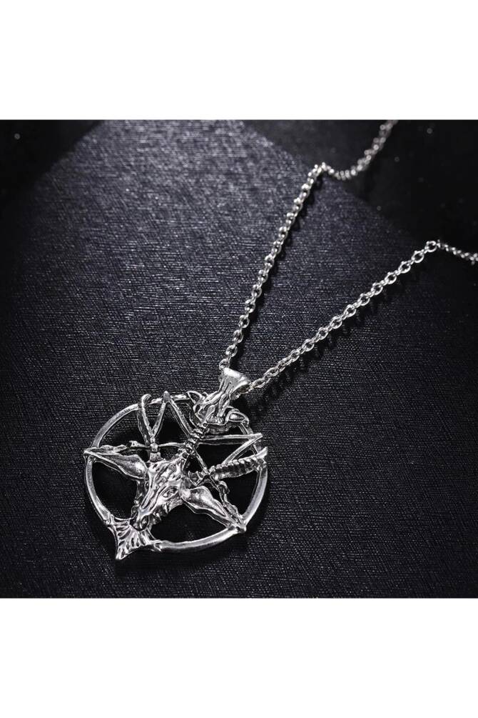 Gotik Punk Keçi Kafası Pentagram Halka Kolye - 4