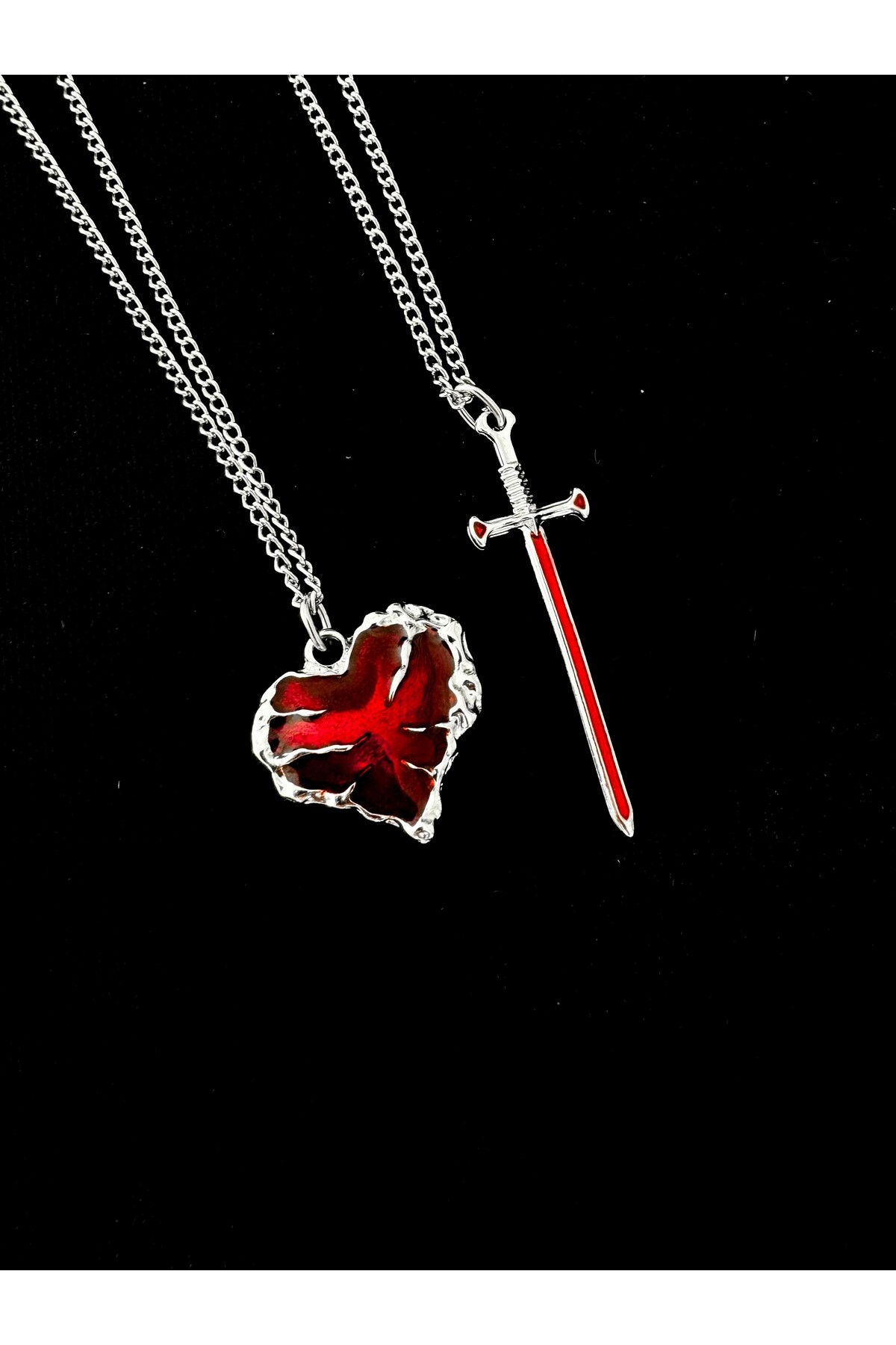 Gotik Punk Kılıç Kalp 2li Çift Kolyesi Arkadaşlık Kolyesi Sevgili Kolyesi - DarkellaStore