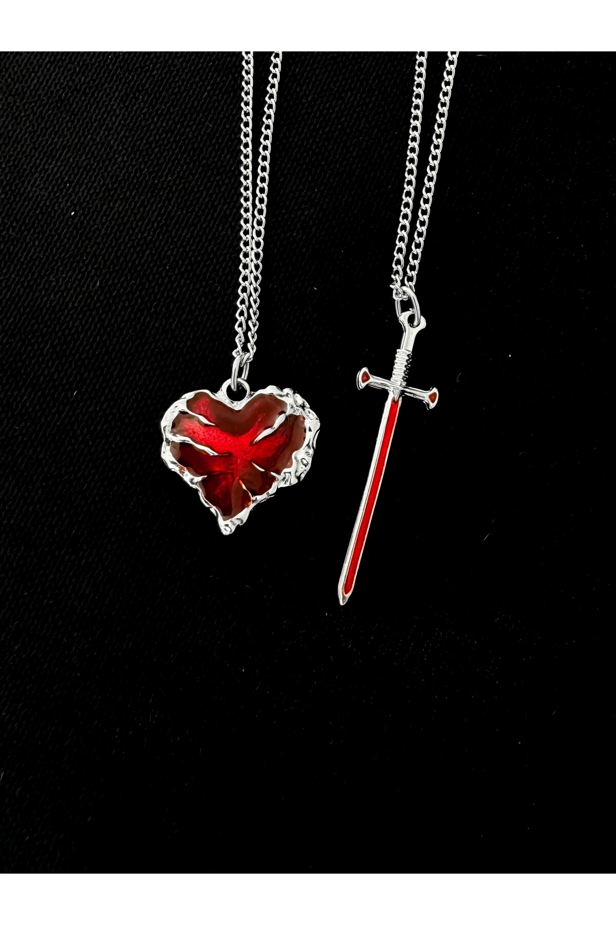 Gotik Punk Kılıç Kalp 2li Çift Kolyesi Arkadaşlık Kolyesi Sevgili Kolyesi - 2
