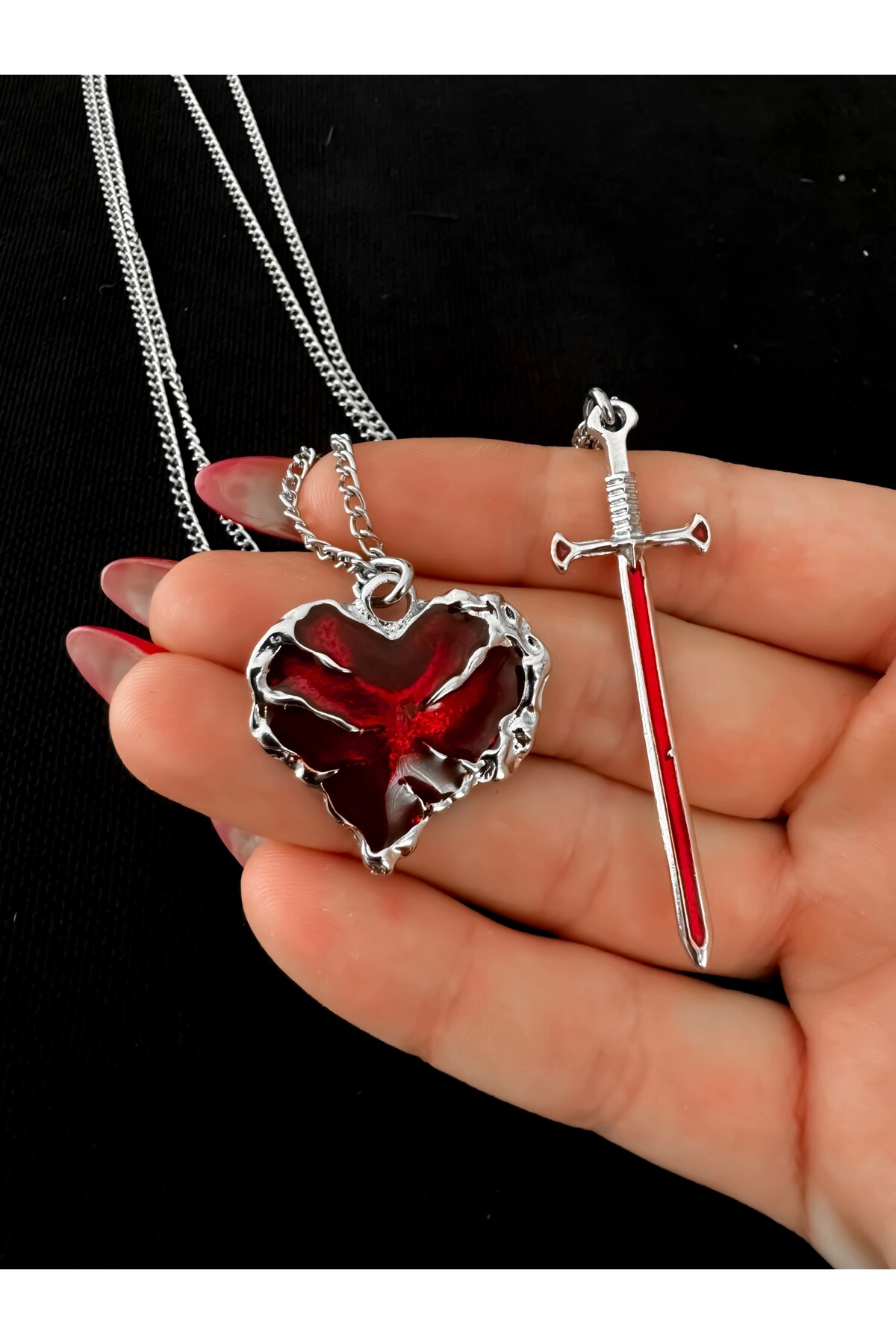 Gotik Punk Kılıç Kalp 2li Çift Kolyesi Arkadaşlık Kolyesi Sevgili Kolyesi - 3
