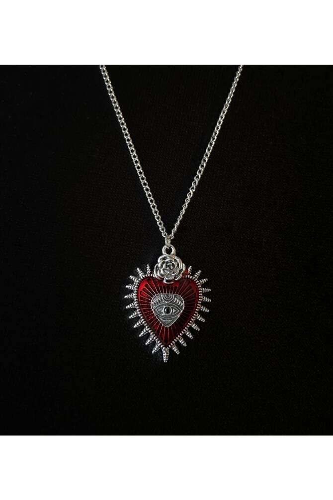 Gotik , Punk , Kırmızı Kalpli Göz Kolye - 1