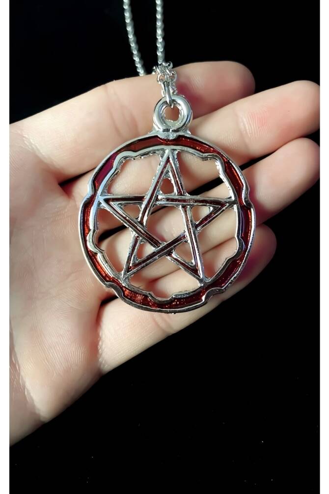 Gotik Punk Kırmızı Sedefli Pentagram Kolye - 1