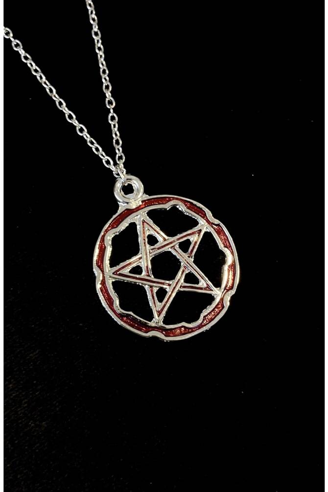 Gotik Punk Kırmızı Sedefli Pentagram Kolye - 2