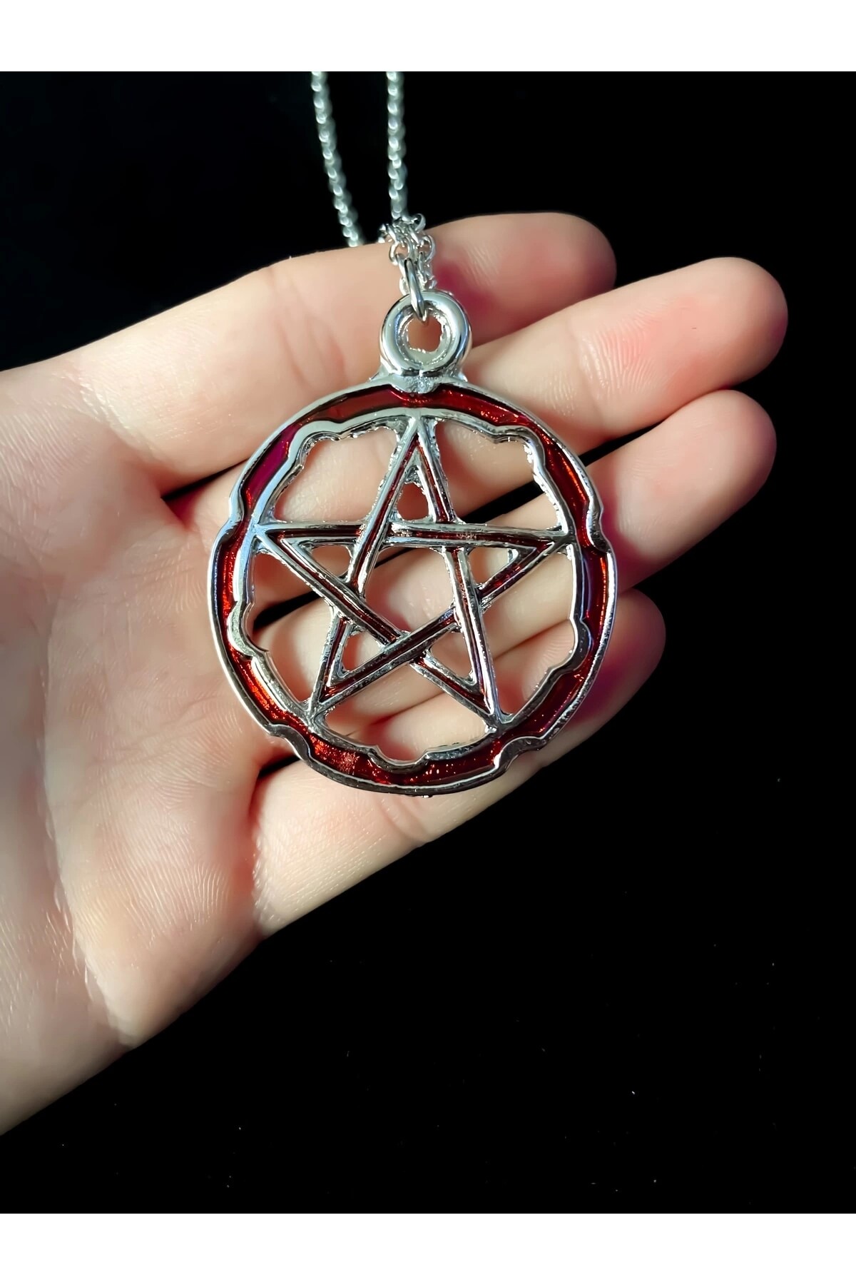 Gotik Punk Kırmızı Sedefli Pentagram Kolye - 3