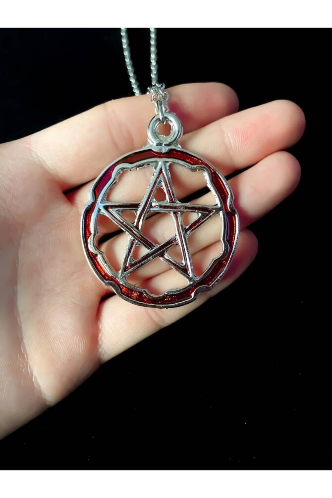 Gotik Punk Kırmızı Sedefli Pentagram Kolye - 3