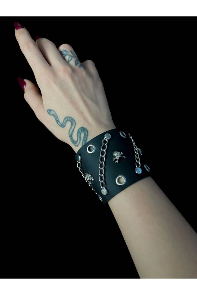 Gotik Punk Kuru Kafalı Skull Zincirli Deri Bileklik (UNISEX) - 1