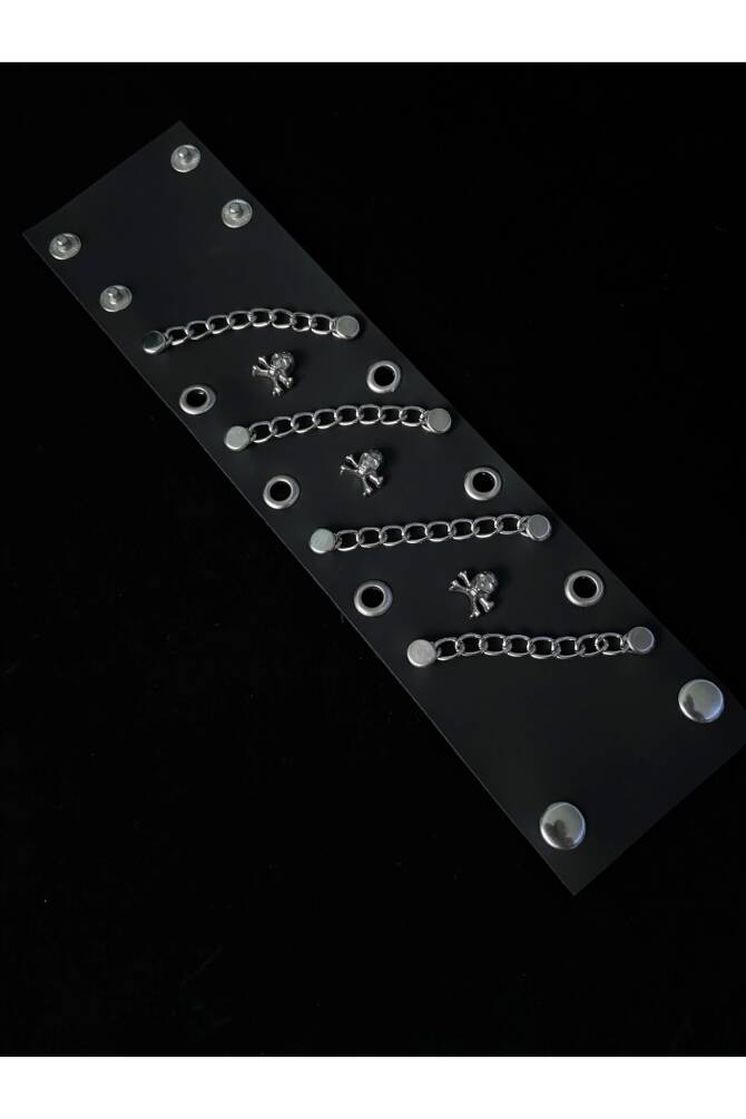 Gotik Punk Kuru Kafalı Skull Zincirli Deri Bileklik (UNISEX) - 2