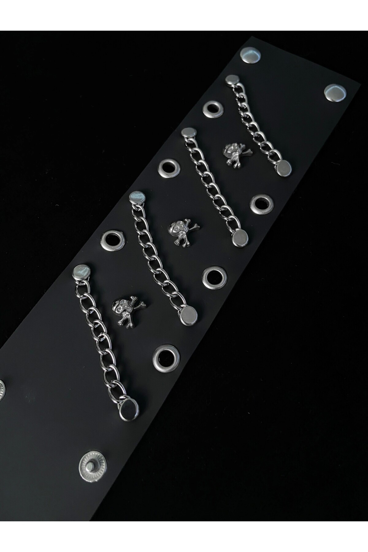 Gotik Punk Kuru Kafalı Skull Zincirli Deri Bileklik (UNISEX) - 3