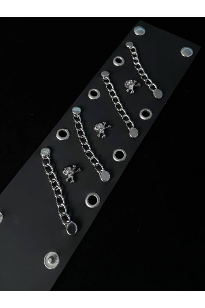 Gotik Punk Kuru Kafalı Skull Zincirli Deri Bileklik (UNISEX) - 3