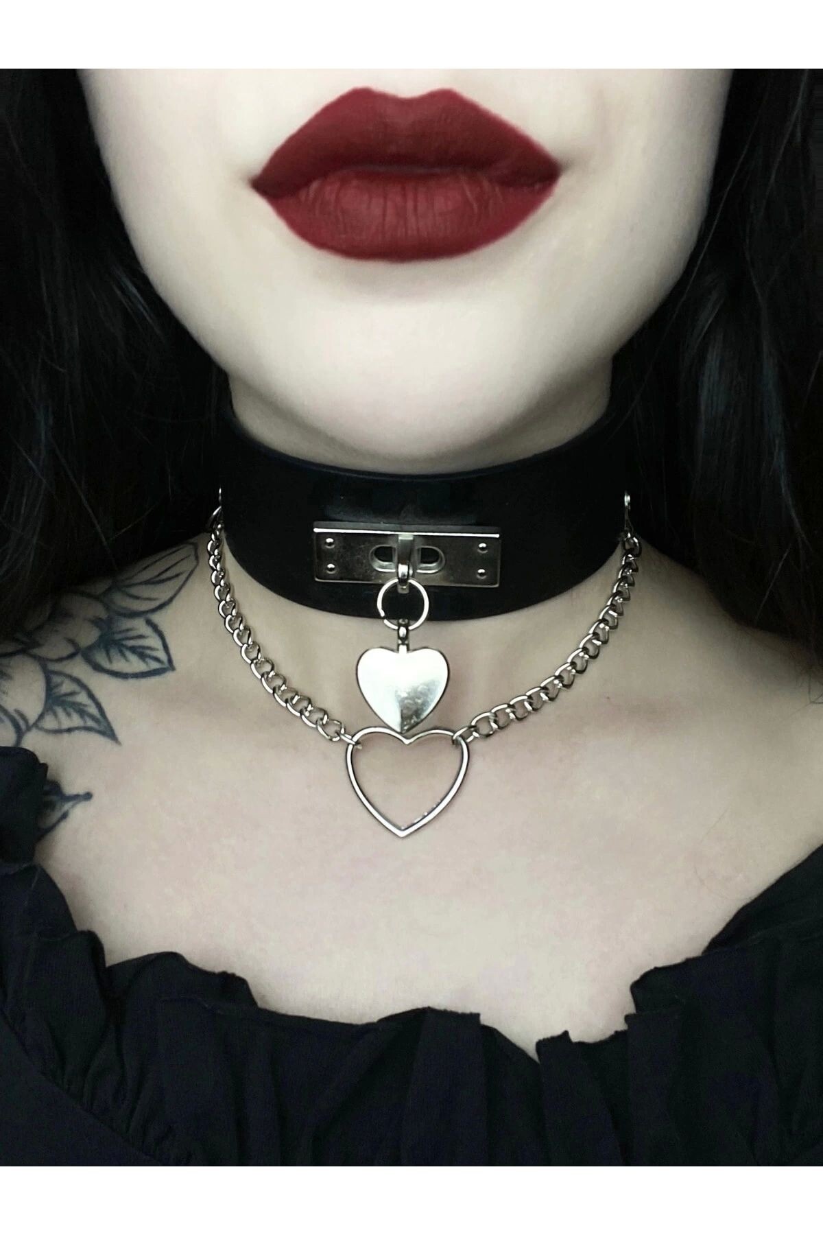Gotik Punk Lolita Kalpli Zincirli Kalın Suni Deri Choker Boyunluk - DarkellaStore