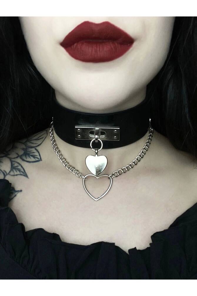 Gotik Punk Lolita Kalpli Zincirli Kalın Suni Deri Choker Boyunluk - 1