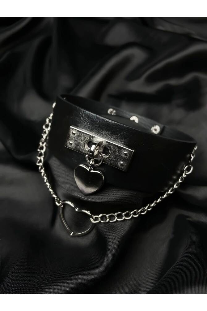 Gotik Punk Lolita Kalpli Zincirli Kalın Suni Deri Choker Boyunluk - 2