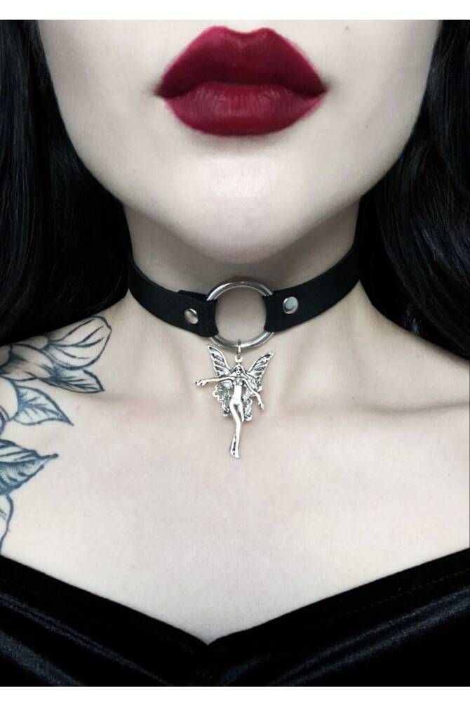 Gotik Punk Melek Angel Halkalı Deri Choker Boyunluk - 1