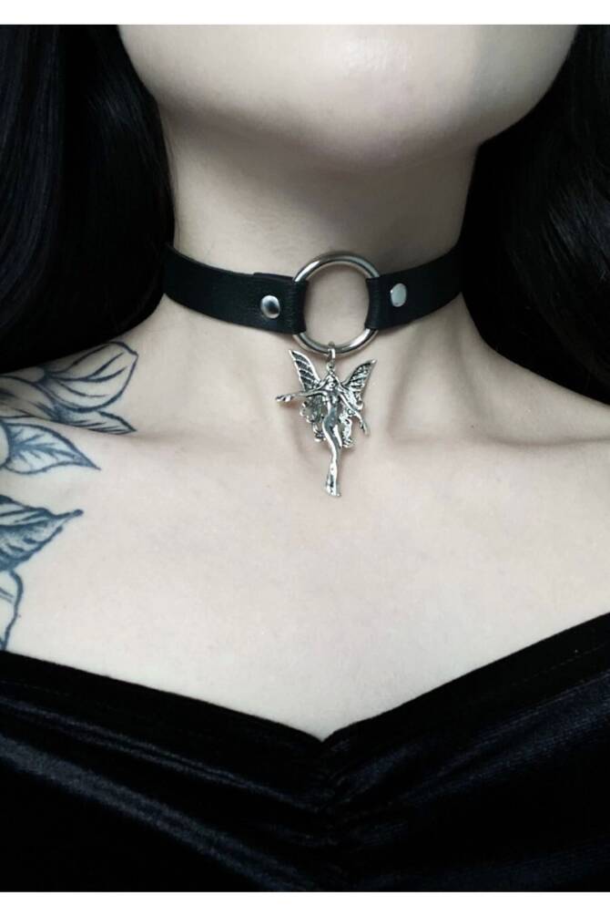 Gotik Punk Melek Angel Halkalı Deri Choker Boyunluk - 2