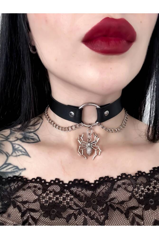 Gotik Punk Örümcek Zincir Detay Deri Choker - 1