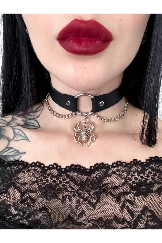 Gotik Punk Örümcek Zincir Detay Deri Choker - 2
