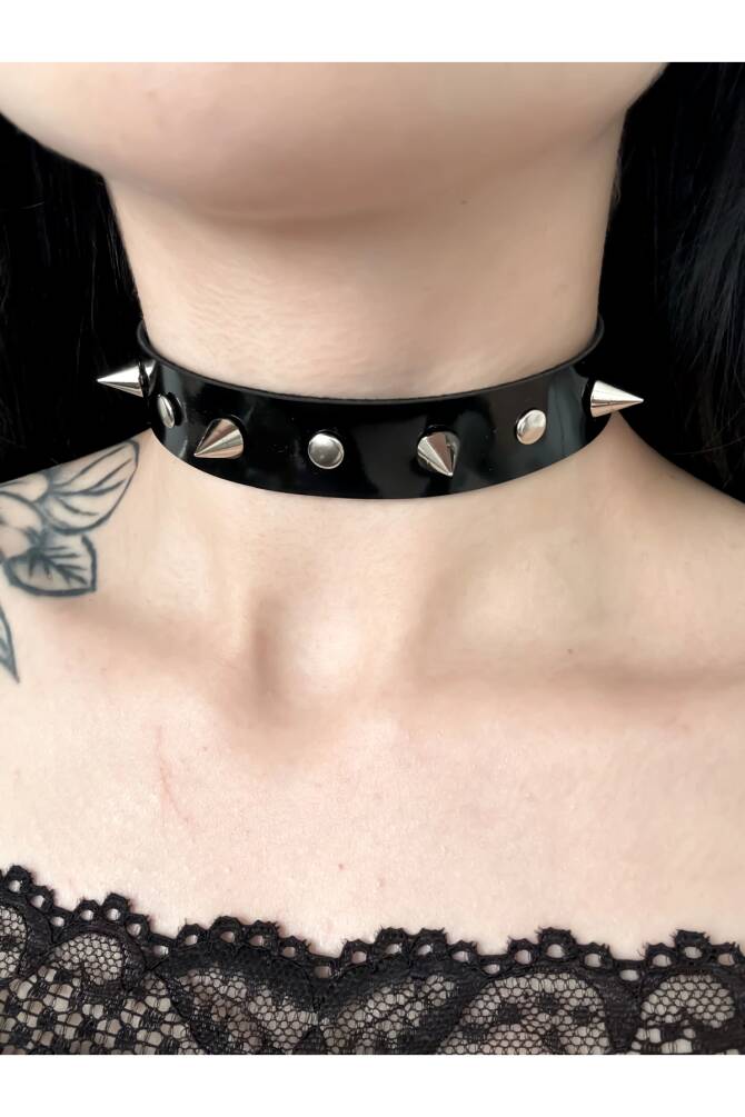 Gotik Punk Rugan Zımbalı Dikenli Choker Boyunluk - 2