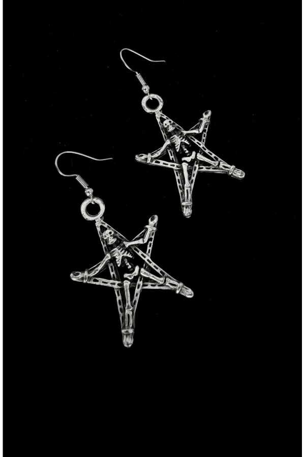Gotik Punk Sallantılı Pentagram İskelet Küpe - 1