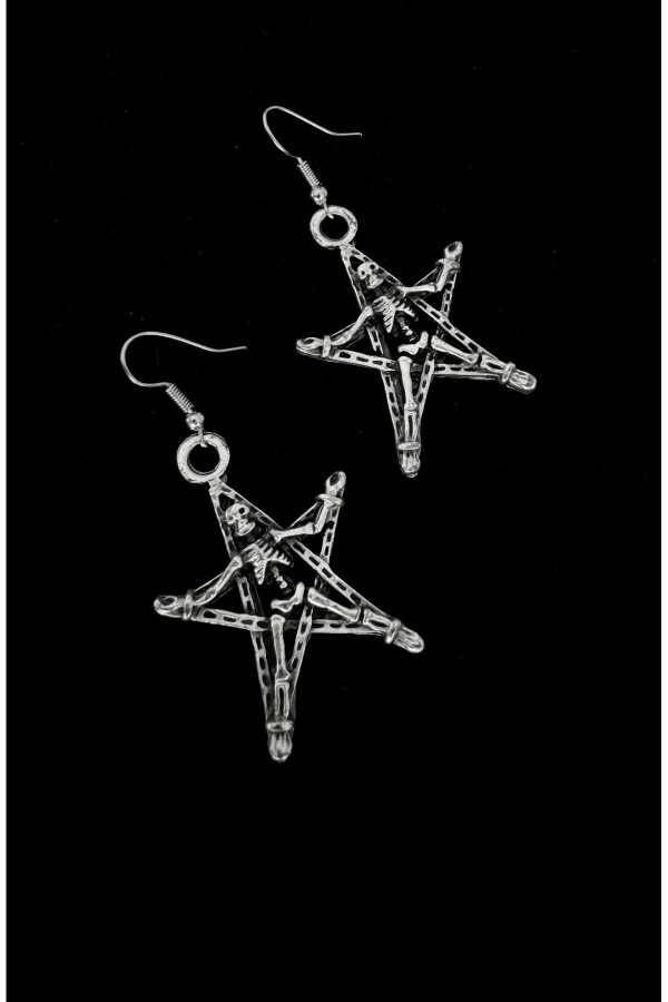 Gotik Punk Sallantılı Pentagram İskelet Küpe - 1