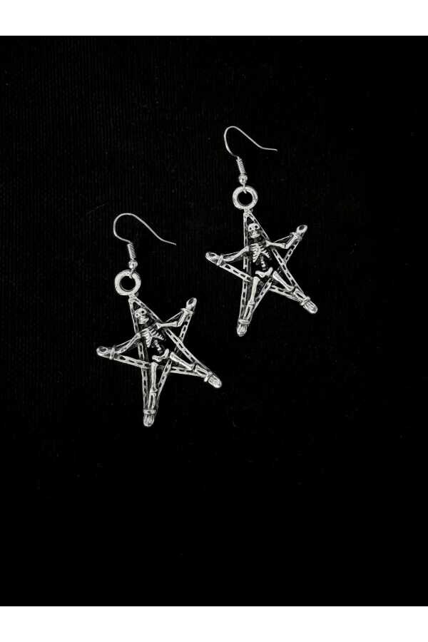 Gotik Punk Sallantılı Pentagram İskelet Küpe - 2