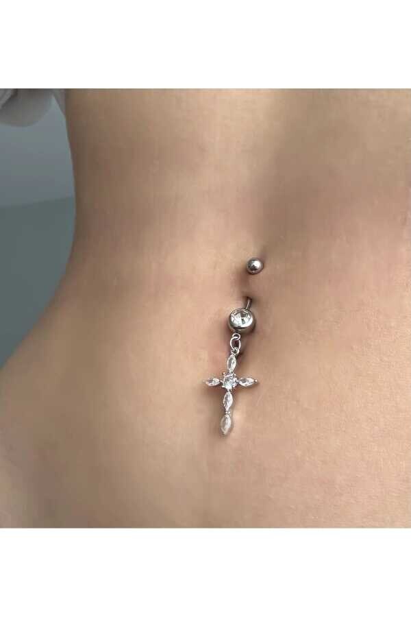 Gotik Punk Sallantılı Taşlı Haç Göbek Piercing (Cerrahi Çelik) - 2