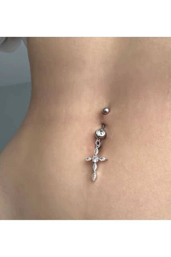 Gotik Punk Sallantılı Taşlı Haç Göbek Piercing (Cerrahi Çelik) - 2