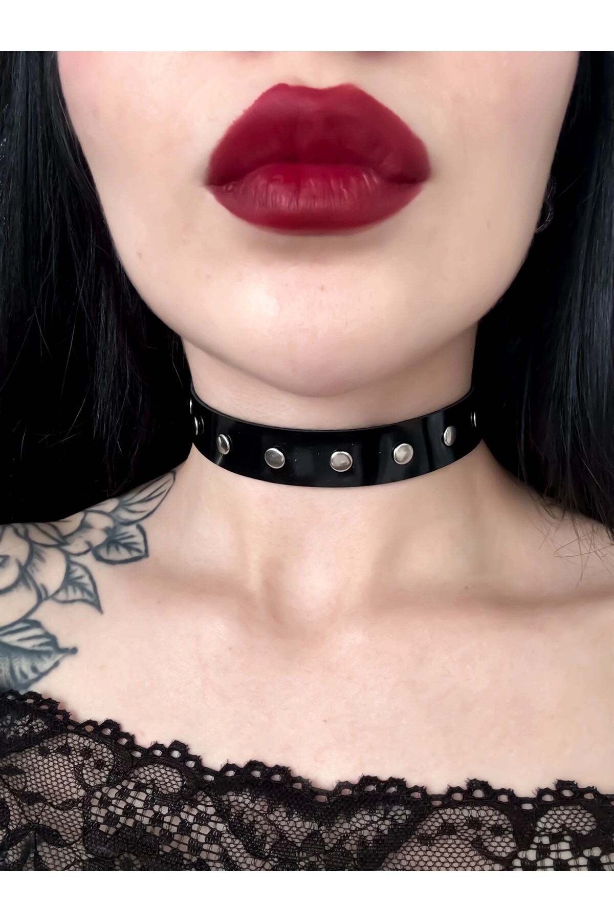 Gotik Punk Siyah Rugan Zımbalı Choker Boyunluk - DarkellaStore