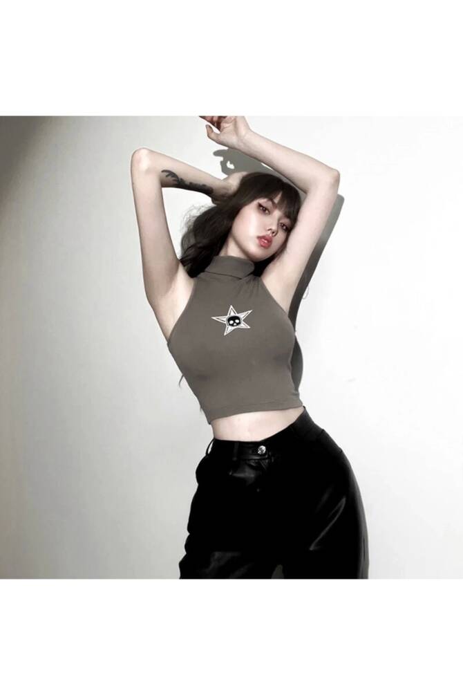 Gotik Punk Star Skull Kuru Kafalı Boğazlı Askılı Tshirt Crop - 5