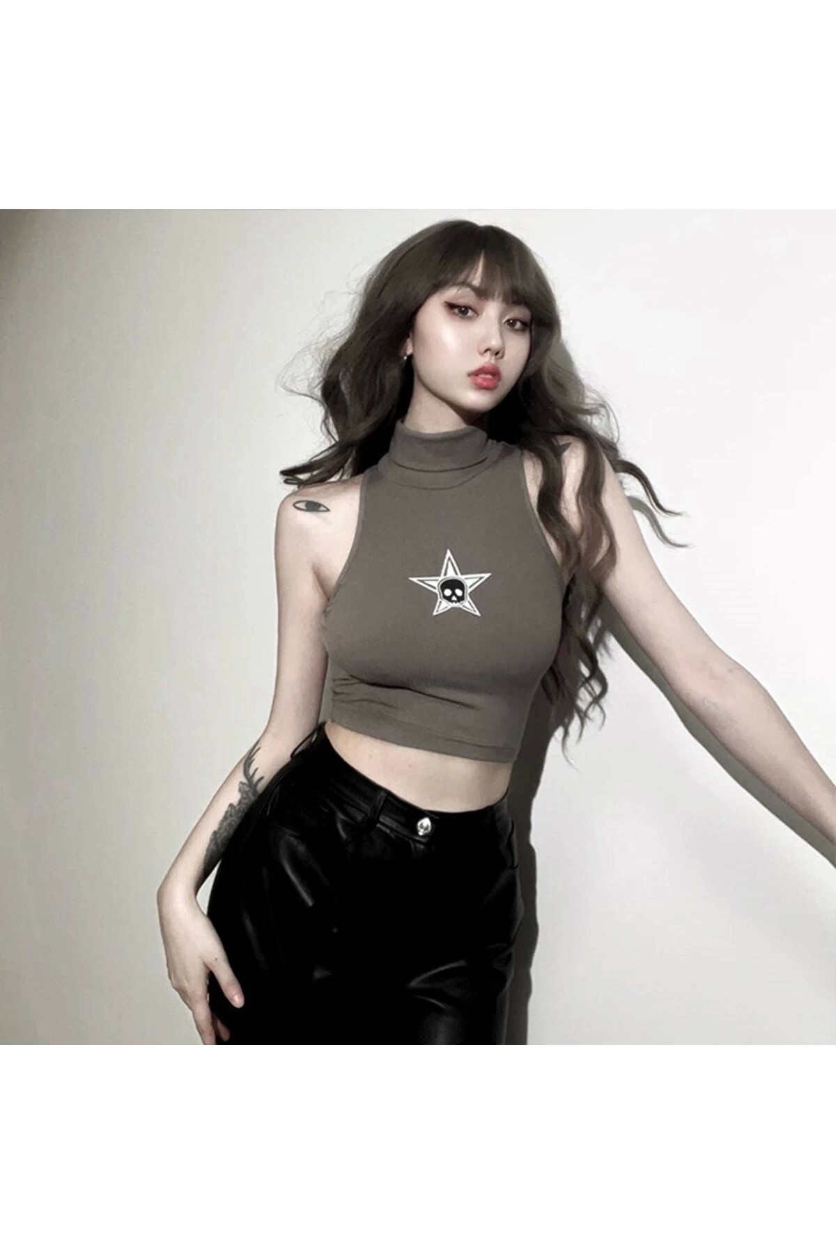 Gotik Punk Star Skull Kuru Kafalı Boğazlı Askılı Tshirt Crop - DarkellaStore