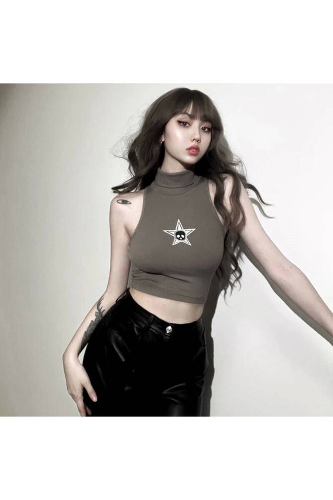 Gotik Punk Star Skull Kuru Kafalı Boğazlı Askılı Tshirt Crop - 10