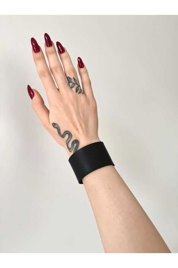 Gotik Punk Suni Deri Kalın Düz Deri Bileklik (UNISEX BEDENLİ) - 4