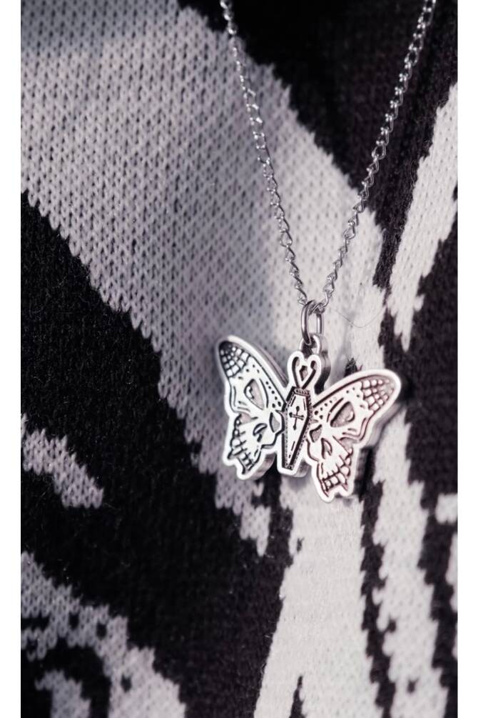 Gotik Punk Tabut Kuru Kafa Kelebek Kolye - 1