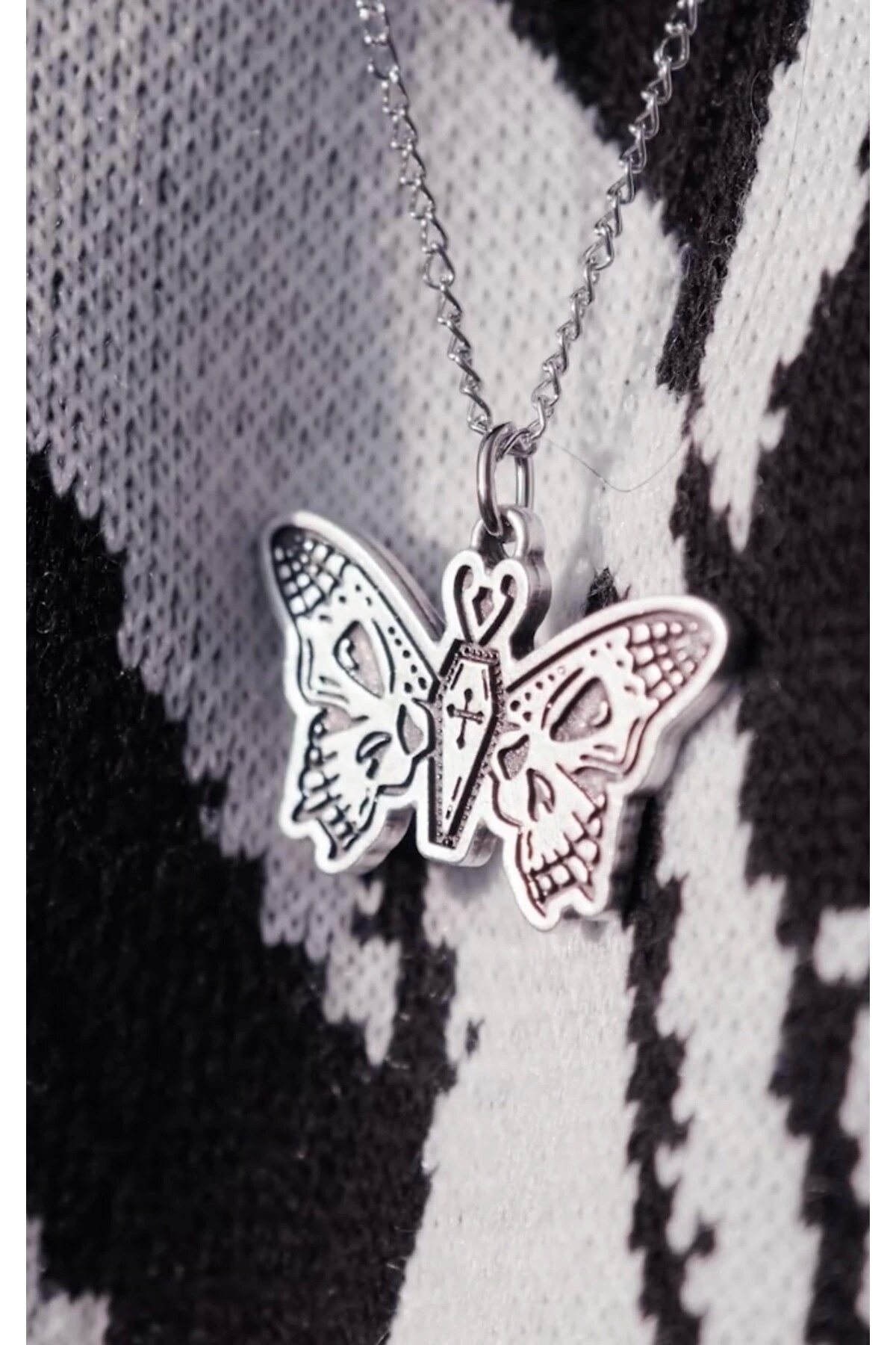 Gotik Punk Tabut Kuru Kafa Kelebek Kolye - 2