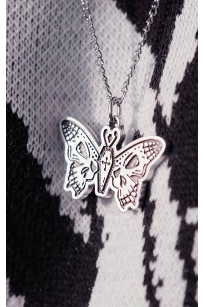 Gotik Punk Tabut Kuru Kafa Kelebek Kolye - 2