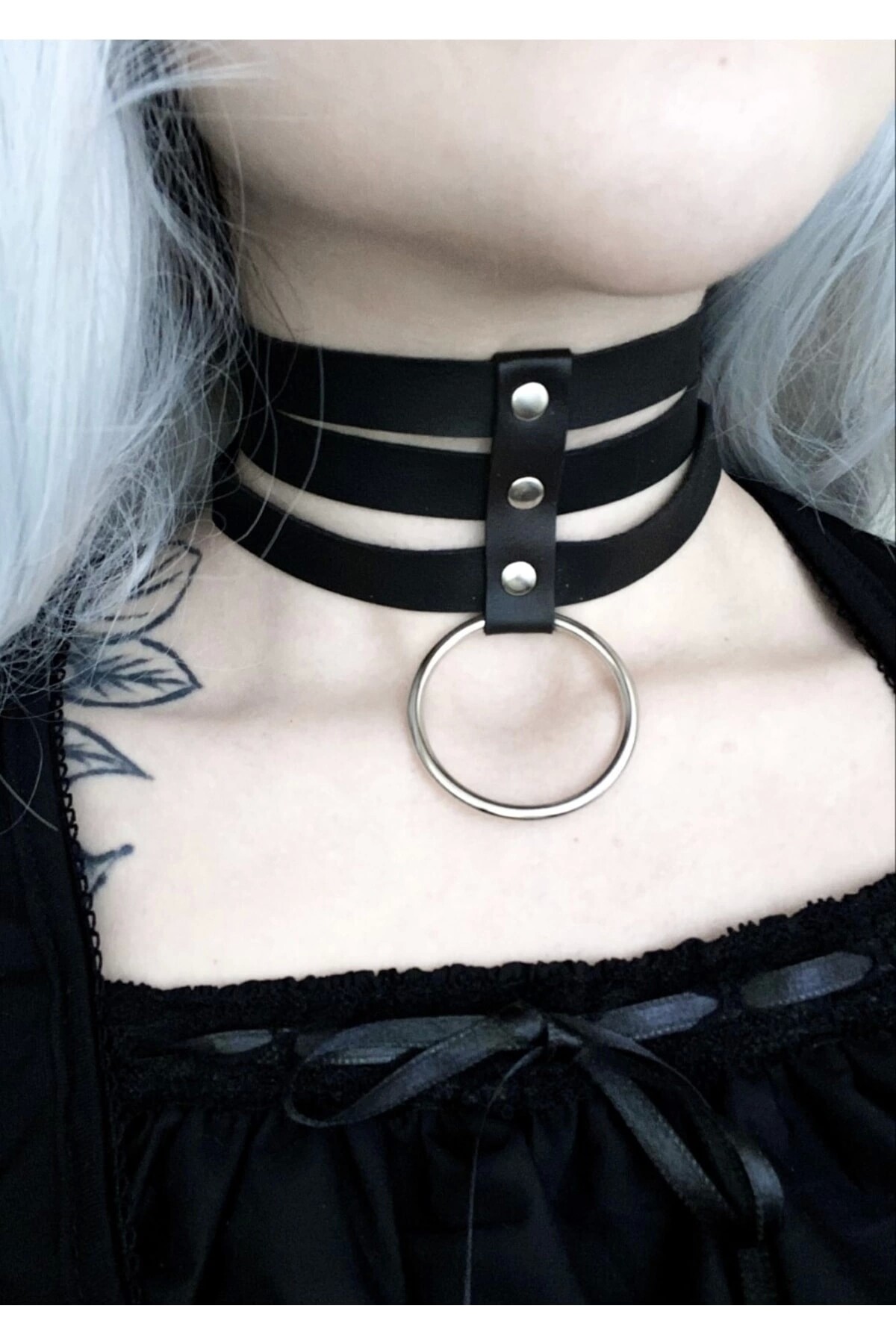 Gotik Punk Üç Sıralı Halkalı Suni Deri Choker Boyunluk - 2