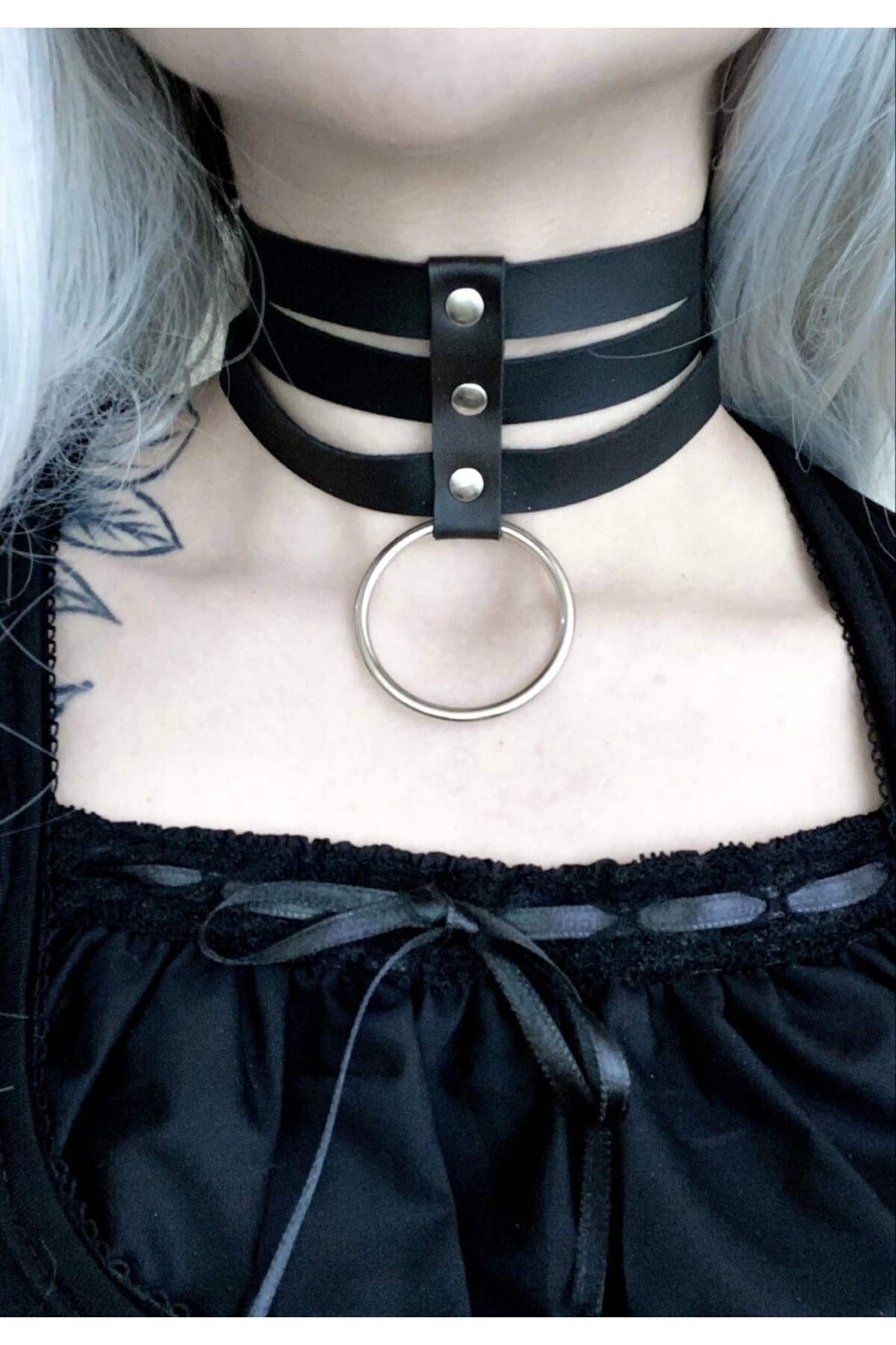 Gotik Punk Üç Sıralı Halkalı Suni Deri Choker Boyunluk - 3
