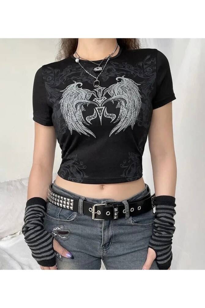 Gotik Punk Winged Diamond Kısa Kollu Crop T-shirt - 3
