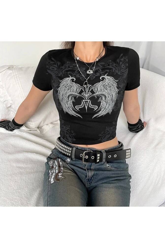 Gotik Punk Winged Diamond Kısa Kollu Crop T-shirt - 20