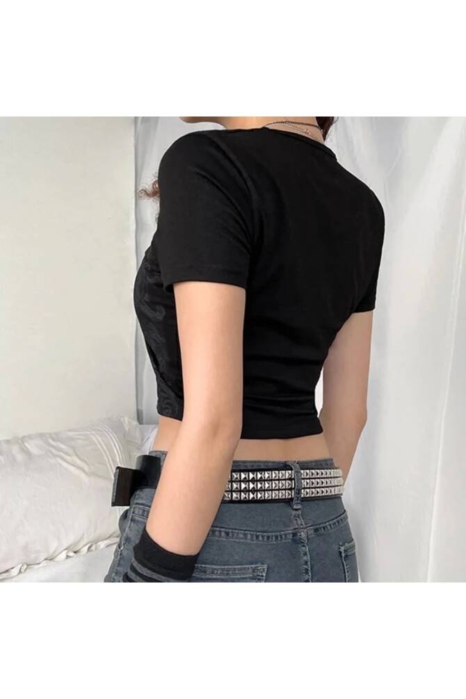 Gotik Punk Winged Diamond Kısa Kollu Crop T-shirt - 19