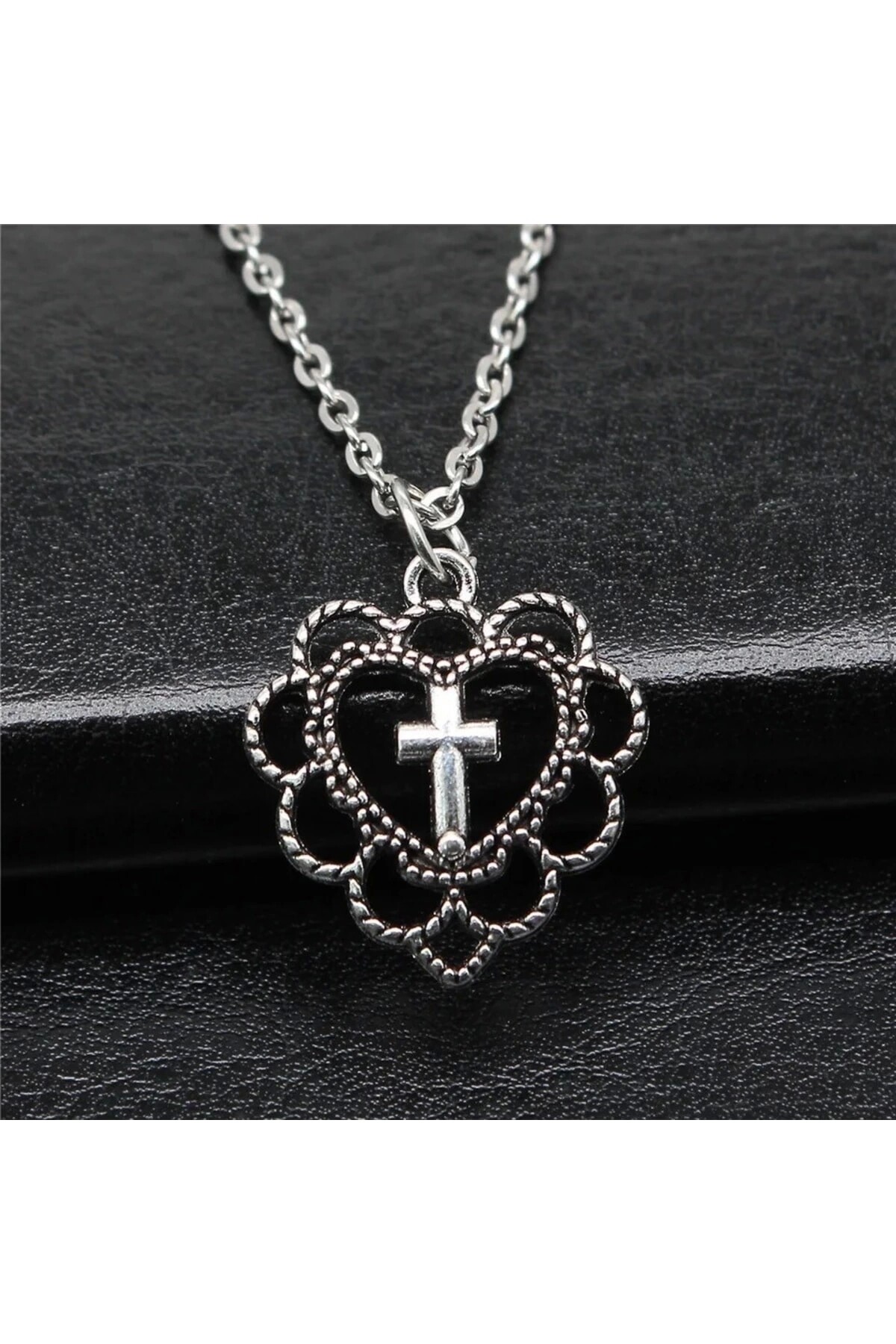 Gotik Punk Y2K Haçlı Desenli Kalp Kolye - 2