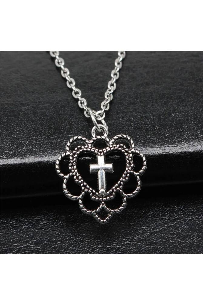 Gotik Punk Y2K Haçlı Desenli Kalp Kolye - 2