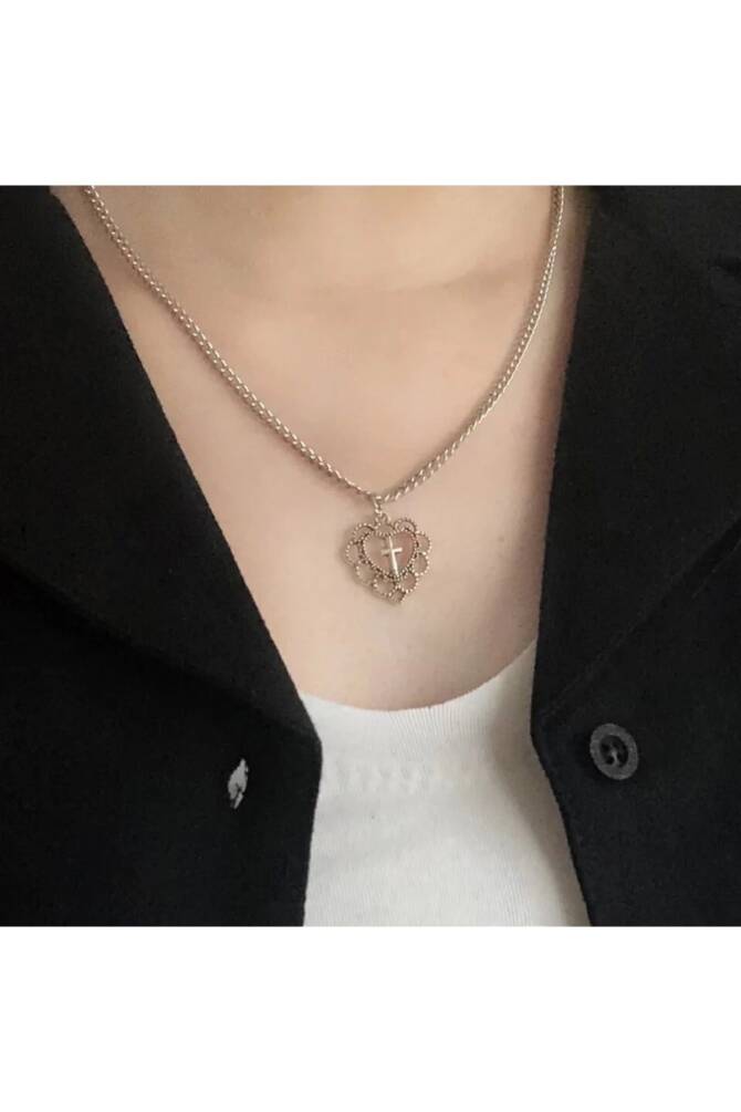 Gotik Punk Y2K Haçlı Desenli Kalp Kolye - 3