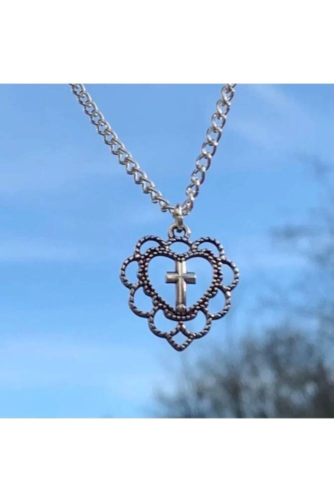 Gotik Punk Y2K Haçlı Desenli Kalp Kolye - 4